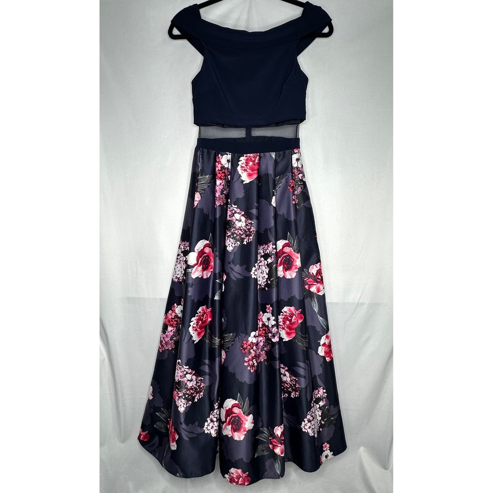 Betsy & Adam Navy Floral Off Shoulder Mesh Waist Gown Dress 6